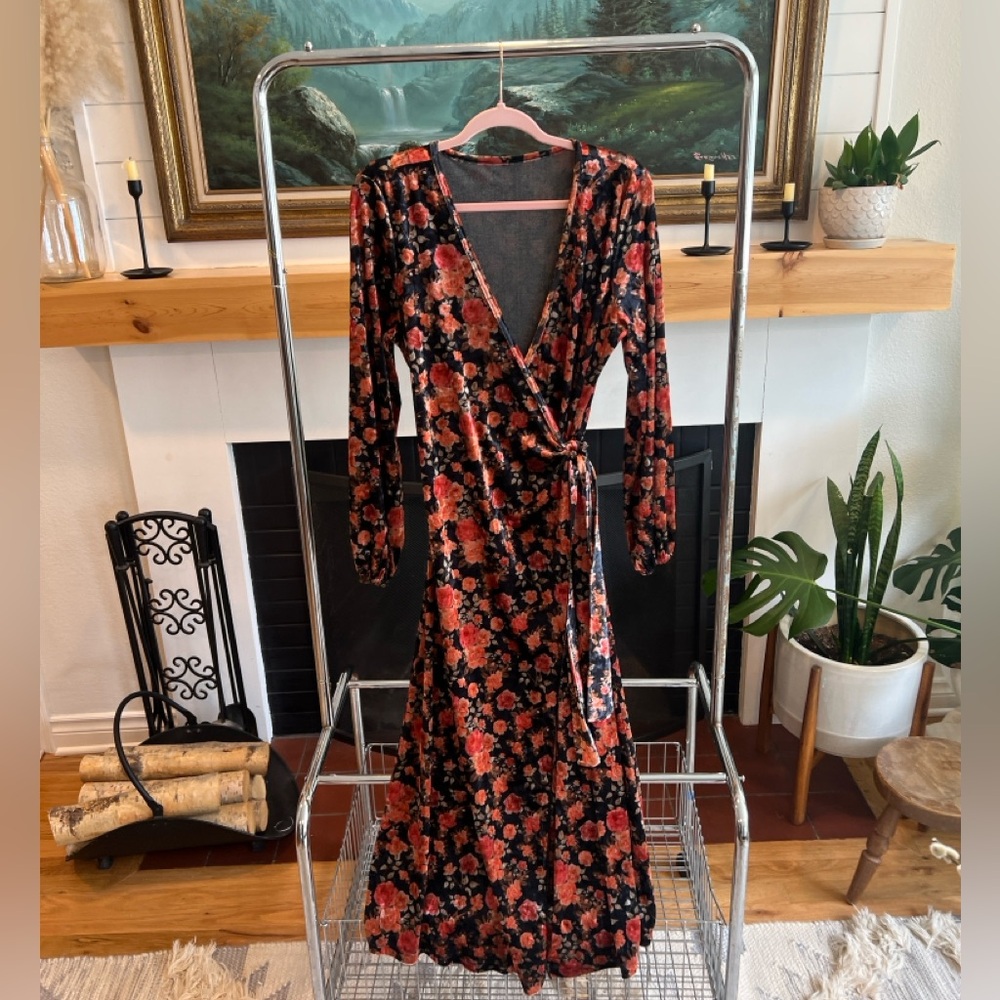 Velvet Floral Wrap Dress Size L